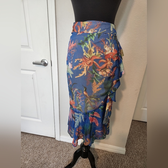 PatBO Blue Floral Wrap Skirt with Coral Accents